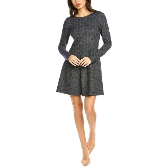 Theory Albita Wool Blend A-Line Long Sleeve Dress Blue Gray Herringbone Size 8 - Picture 1 of 9